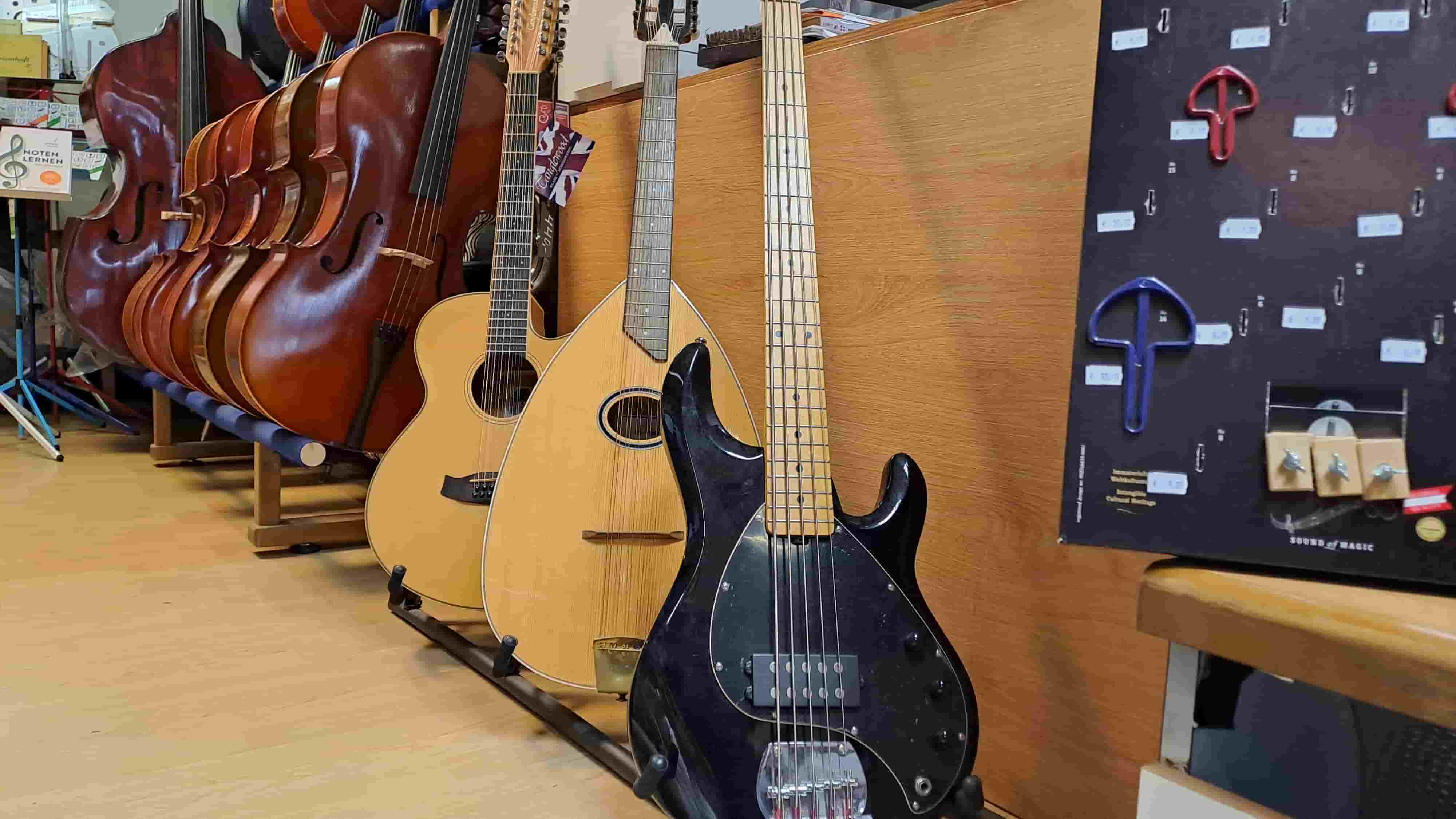Viele Saiteninstrumente im Sortiment